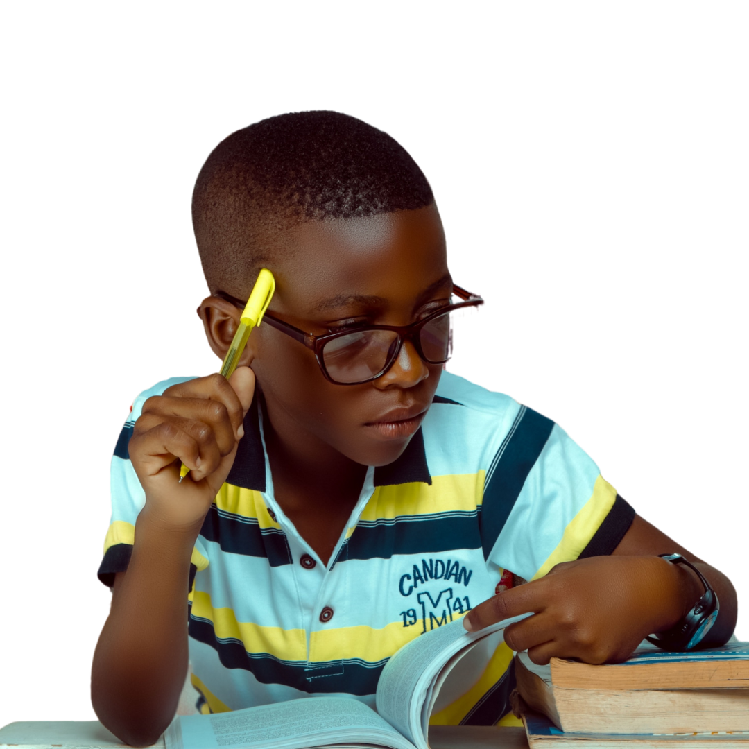 Young boy losing track while he is reading.